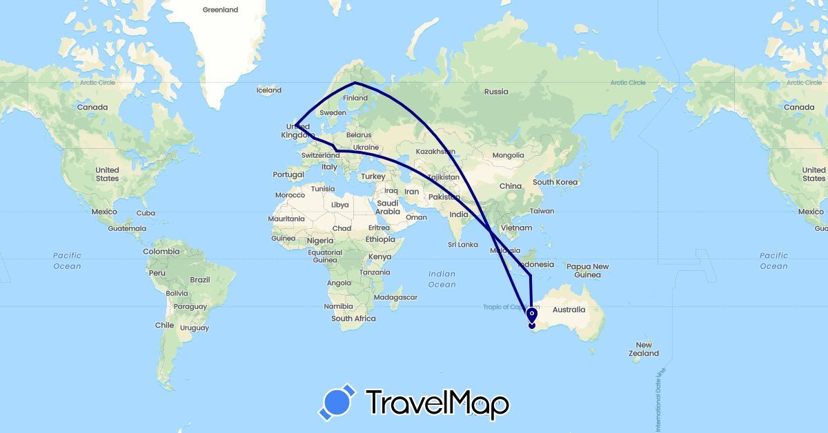 TravelMap itinerary: driving in Austria, Australia, Czech Republic, Finland, United Kingdom, Indonesia, Netherlands (Asia, Europe, Oceania)